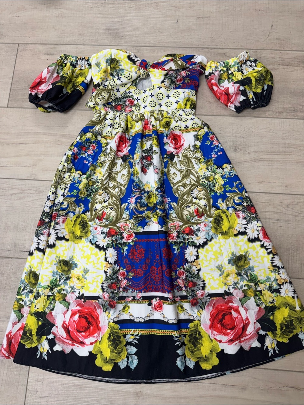 ASOS Off-Shoulder Floral Maxi Dress in Blue, Yellow & White